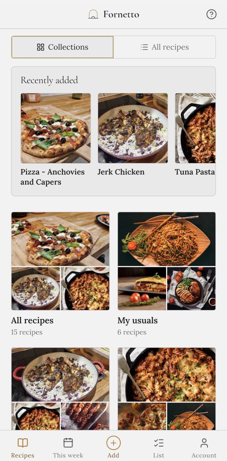 The Recipes tab on a phone: recently added recipes along the top, then a photo tile for each collection