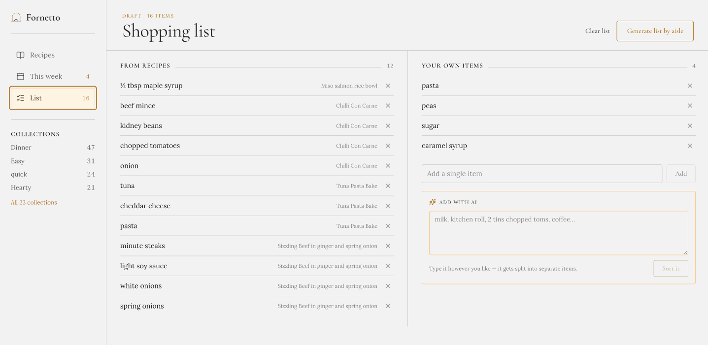 Fornetto on a laptop: the shopping list, the week’s recipes and your own items side by side