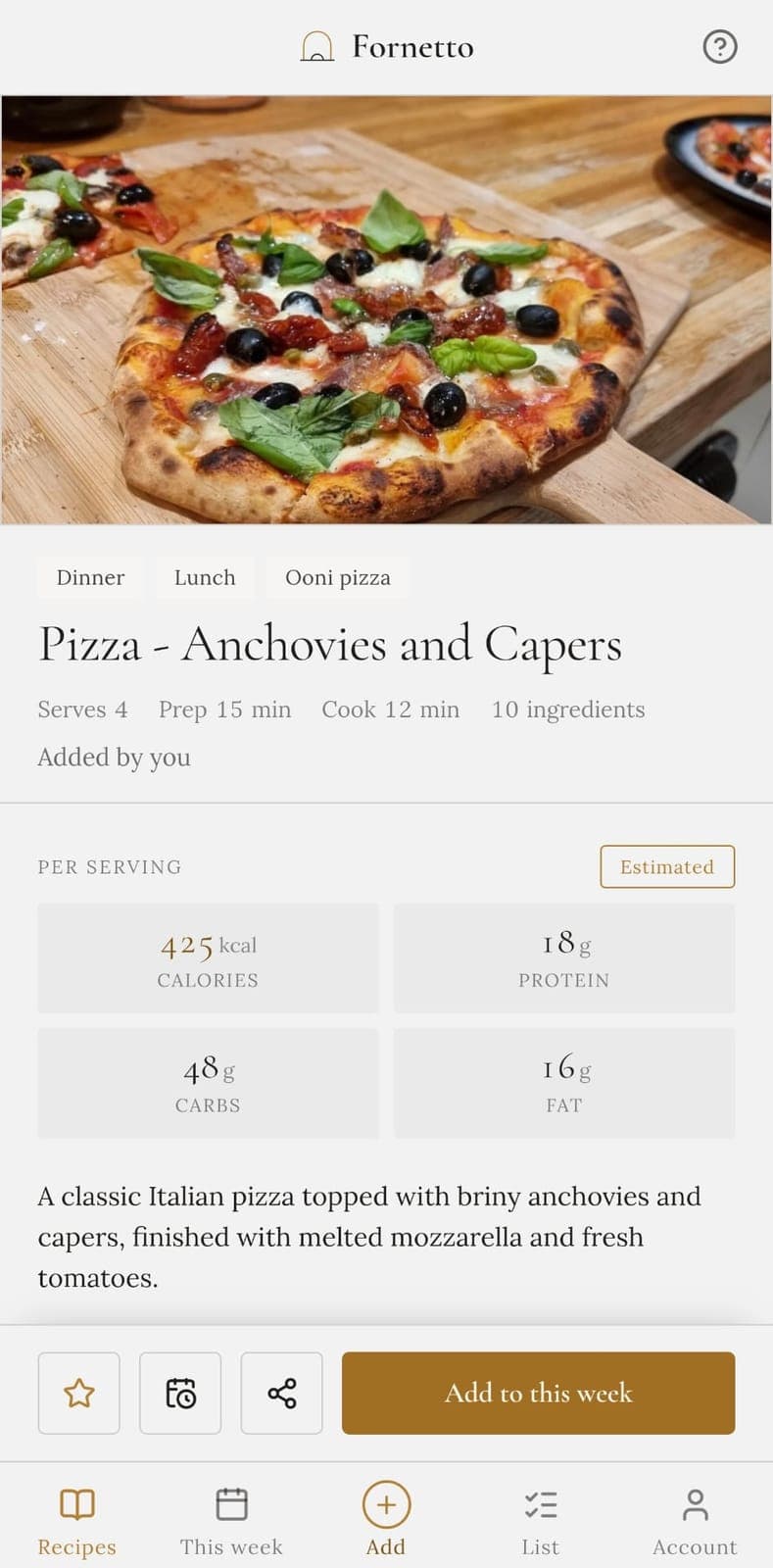 A recipe page on a phone: a photo of a pizza, its title, and its calories, protein, carbs and fat per serving