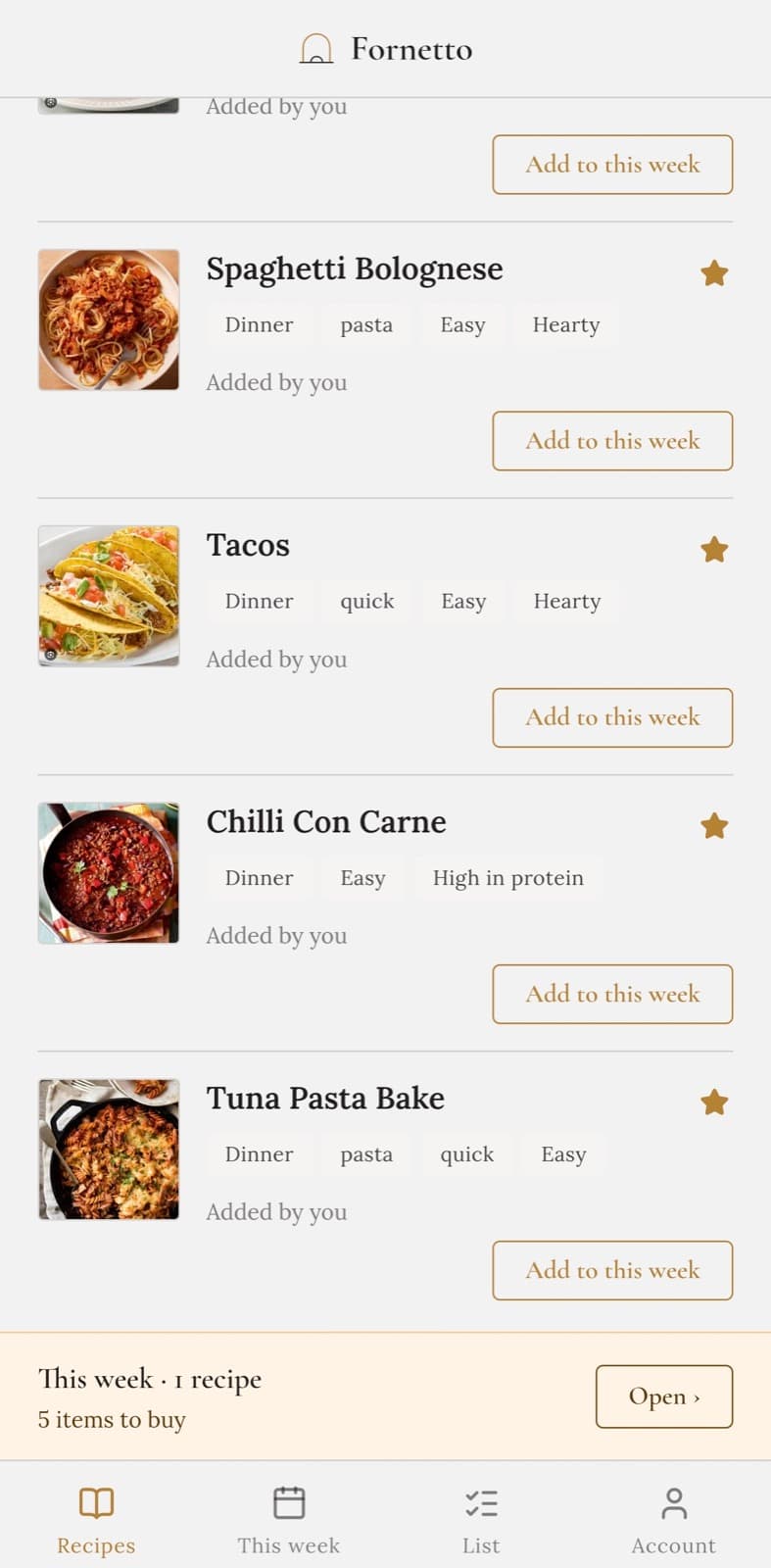 The recipe list on a phone: photos, collection chips and an Add to this week button on each recipe